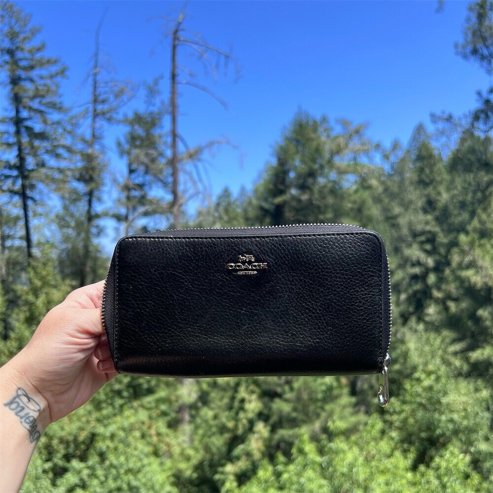COACH Long Zip-Around Wallet BLACK Pebble Leather with Silver Hardware AUTHENTIC